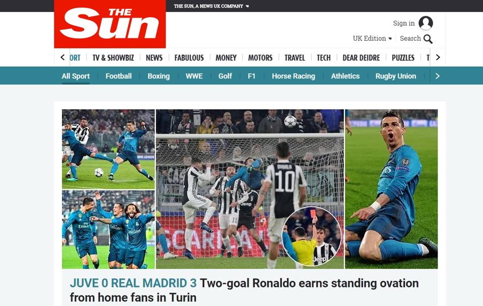 Gli inglesi di The Sun sottolineano gli applausi dello Stadium dopo il secondo gol di Ronaldo